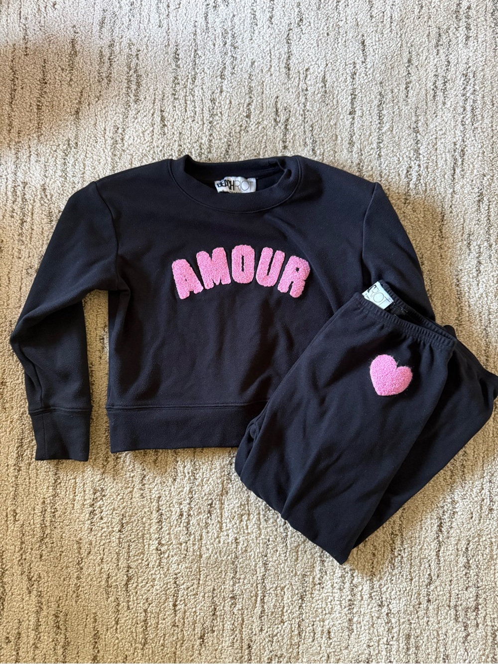 Beach Riot Kids Black Sweatshirt & Joggers with Pink Amour Appliqué